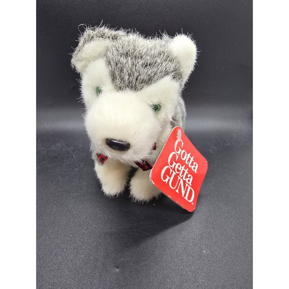 Vtg GUND 1993 Husky w/ Plaid Bow 6” Mini Stuffed Animal Plush Dog W/ Tag Puppy
